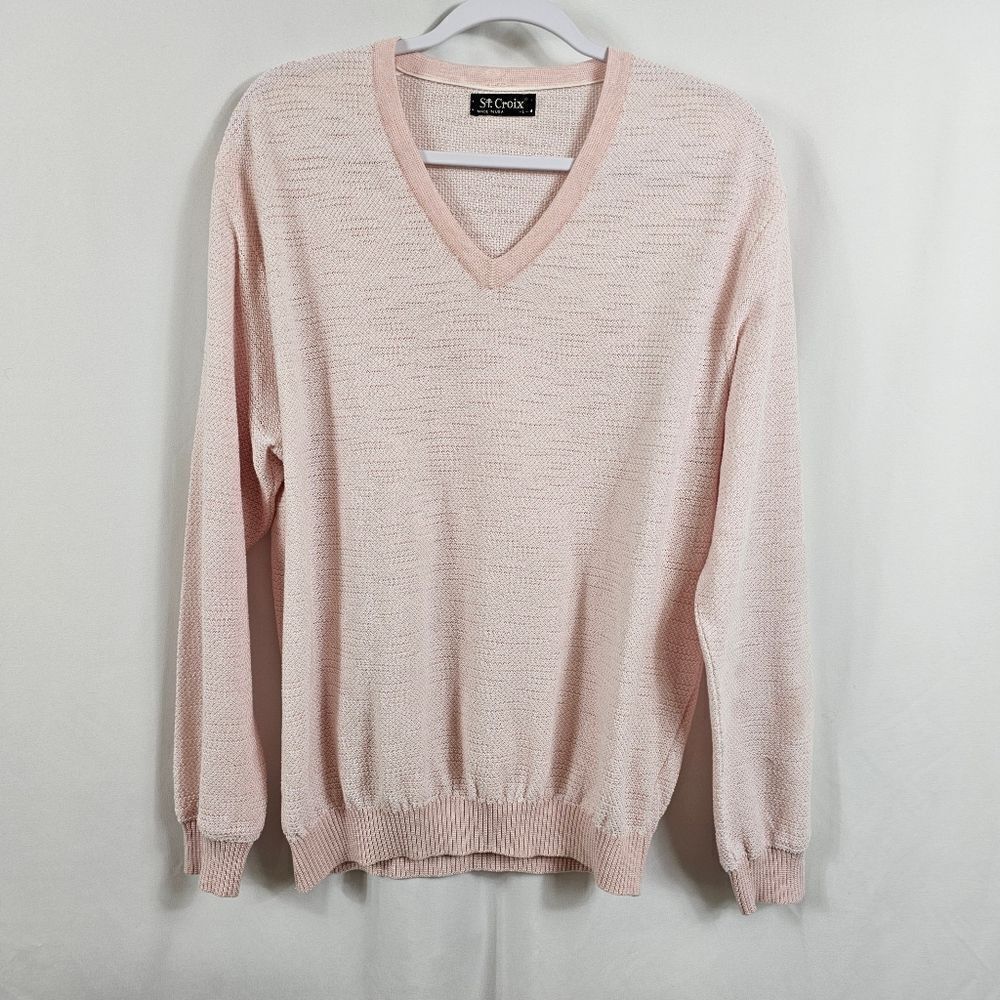 St. Croix Two Tone Texture V-Neck Sweater in Pink - Size L